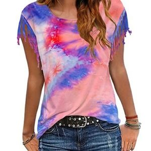 Tie Dye T-shirt w/ Fringe Sleeves
